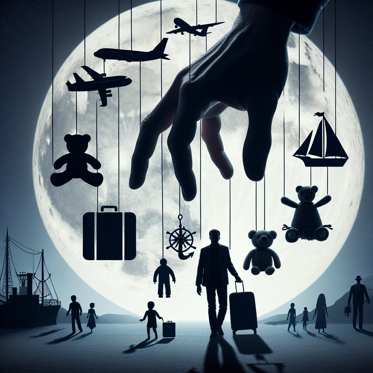 A moonlit scene with silhouettes of people, teddy bears, dolls, suitcases, and transport symbols under a shadowy hand.