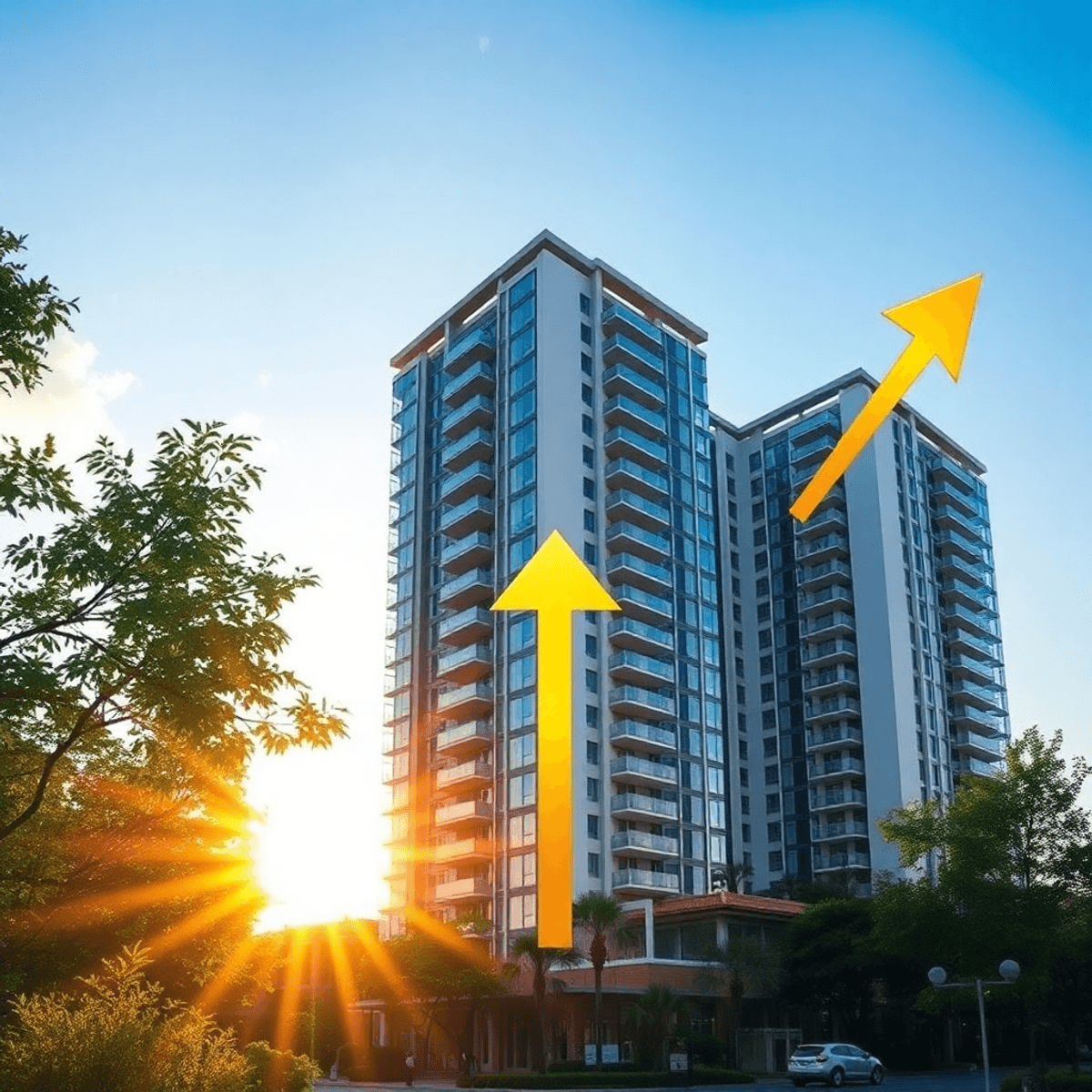 stress free market insights Modern condominium bathed in warm sunlight, surrounded by greenery, with abstract golden arrows symbolizing financial growth in a calm, minimalist urban setting.