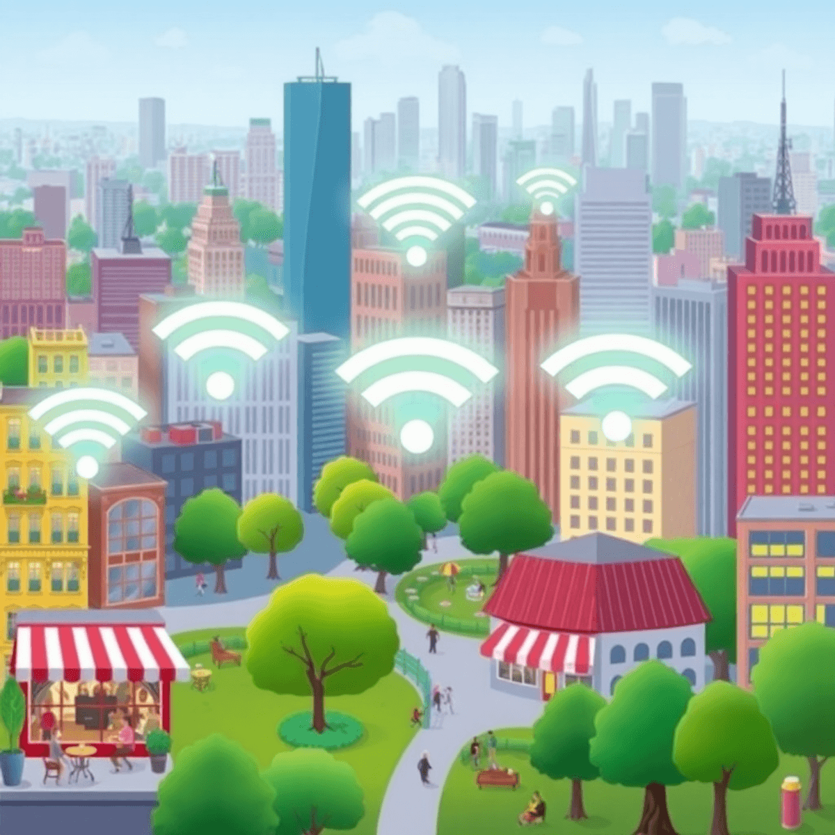 Cityscape with cafes, parks, and libraries featuring glowing Wi-Fi symbols indicating free public internet access.