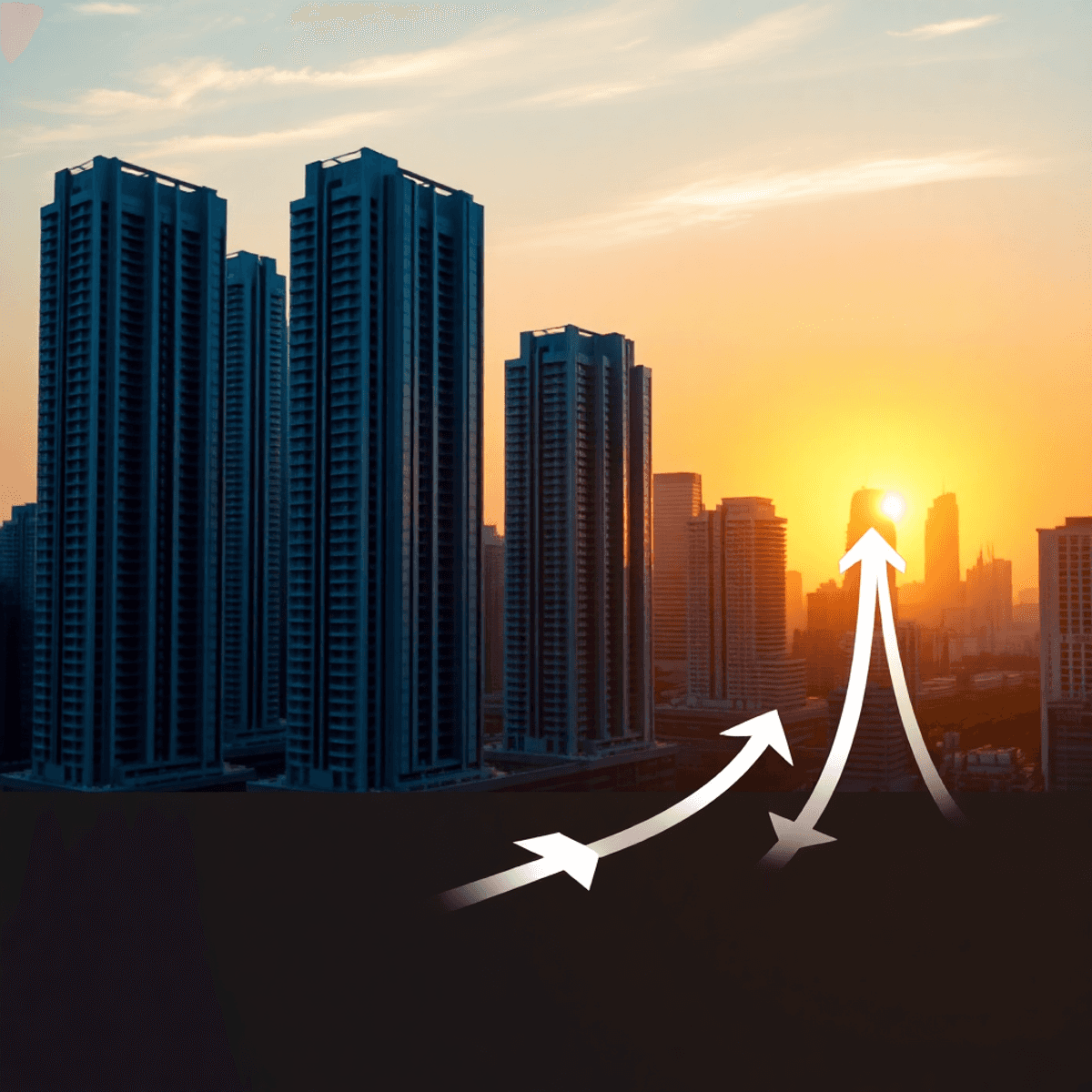 Real story from the pre-sale event in developer office Sunrise over Bangkok skyline with sleek condos, warm golden light, and abstract upward arrows symbolizing growth and investment in a minimalist style.