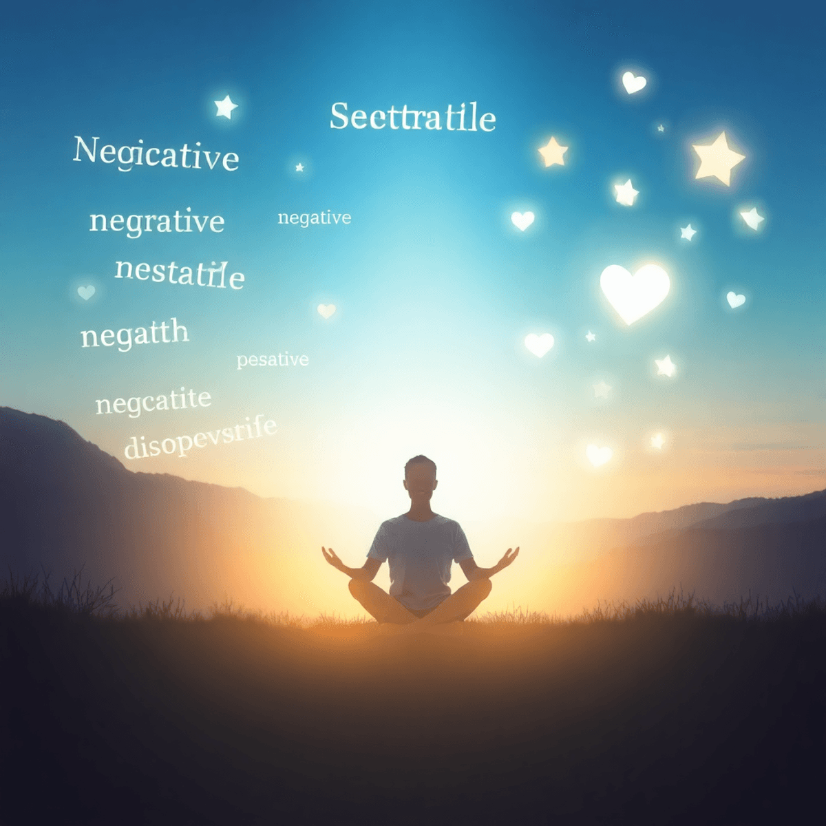 Person meditating cross-legged in nature, glowing light around, negative words turning into hearts and stars, symbolizing positive mindset transformation.
