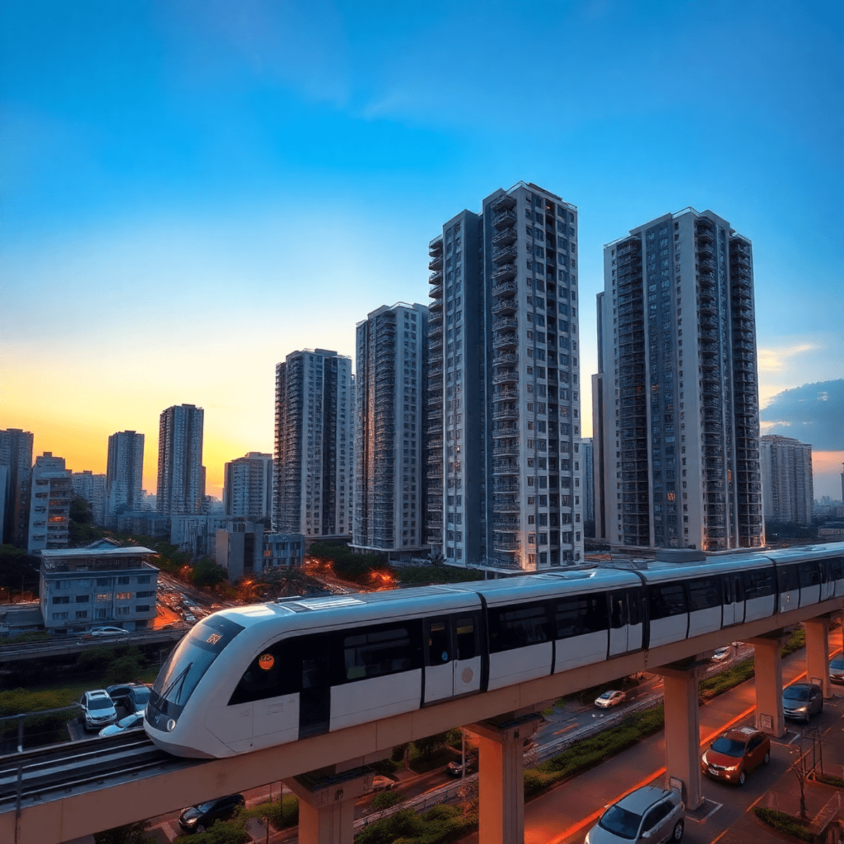 Affordability index of luxury condominium Sunset cityscape of Bangkok with modern high-rise apartments and an elevated metro train, bathed in warm light under a clear sky, minimalist style.