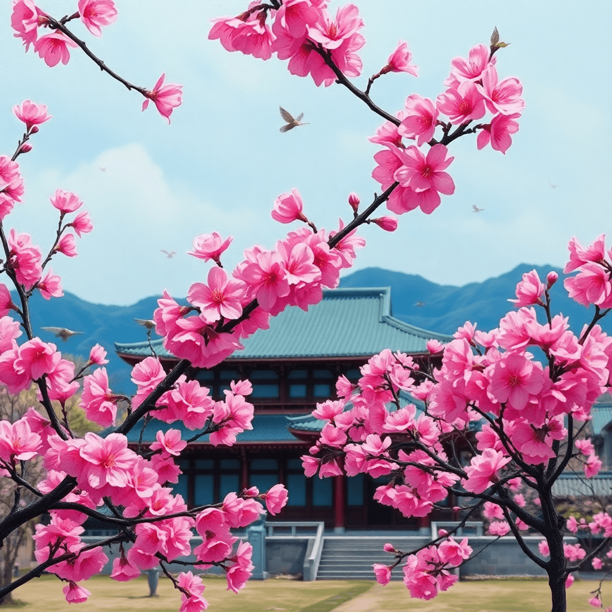 평화로운 풍경에 화려한 분홍색 벚꽃과 배경에 전통적인 불교 사원이 있어 자연과 영성의 아름다움을 보여줍니다.