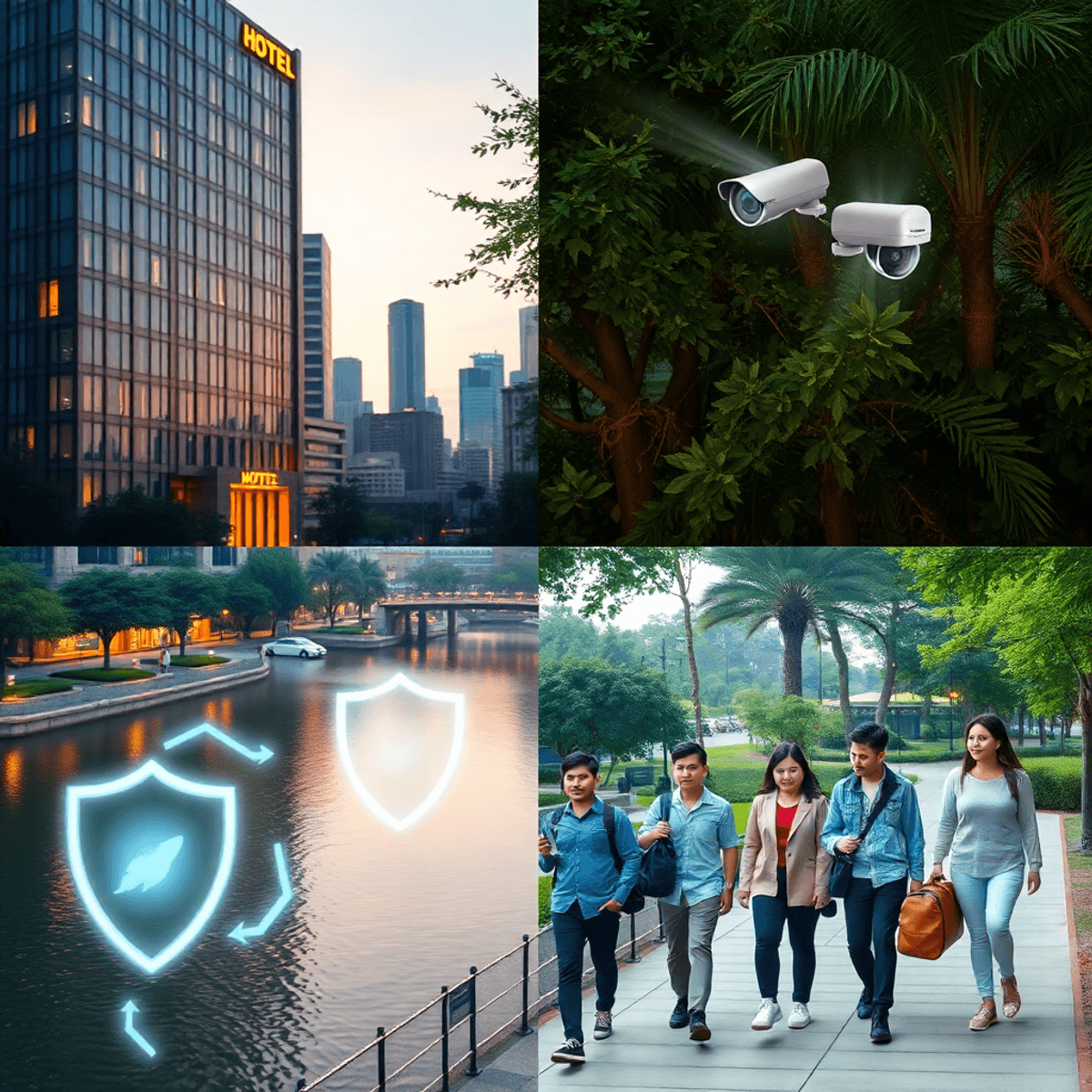 INTERPOL HELP WITH CCTV FROM MY HOTEL STARY next to liwahu lake park Modern hotel at dusk in a vibrant city with warm lights, serene park with greenery and water, glowing security symbols, and travelers walking safely on a clean path.
