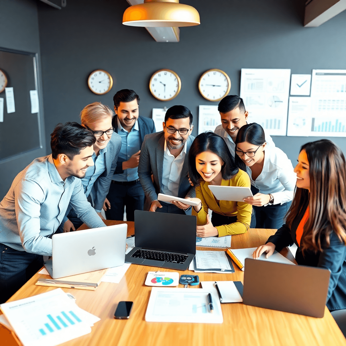 A diverse group of professionals collaborates around a table with laptops and charts, showcasing productivity and teamwork in a vibrant, 3D rendered environment.