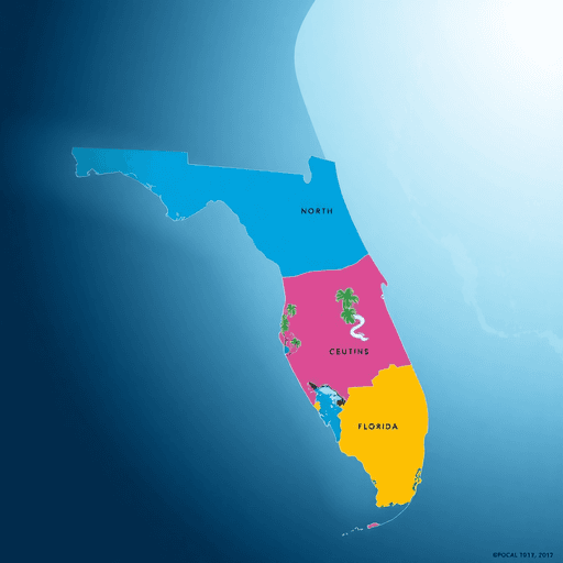 Digi Nomad Dream Detailed map of Florida with three color-coded regions and natural elements: pine forests, hills and lakes, tropical wetlands, on an abstract global digital background.