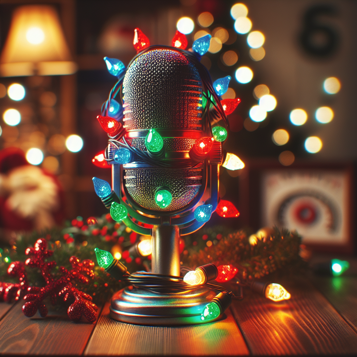 A microphone wrapped in colorful holiday lights on a wooden table.