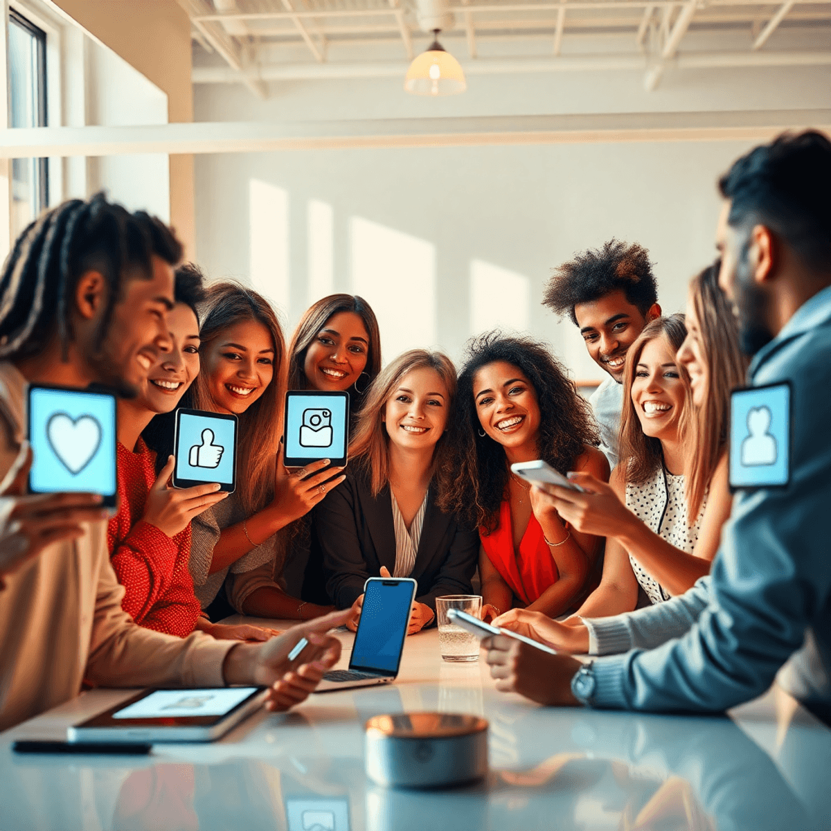 SEO Humanizer A group of influencers collaborating in a bright modern workspace with digital devices showing abstract icons, bathed in warm natural light.