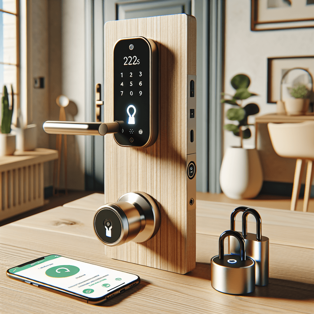 A digital art representation of a futuristic smart lock, symbolizing sustainable technology.
