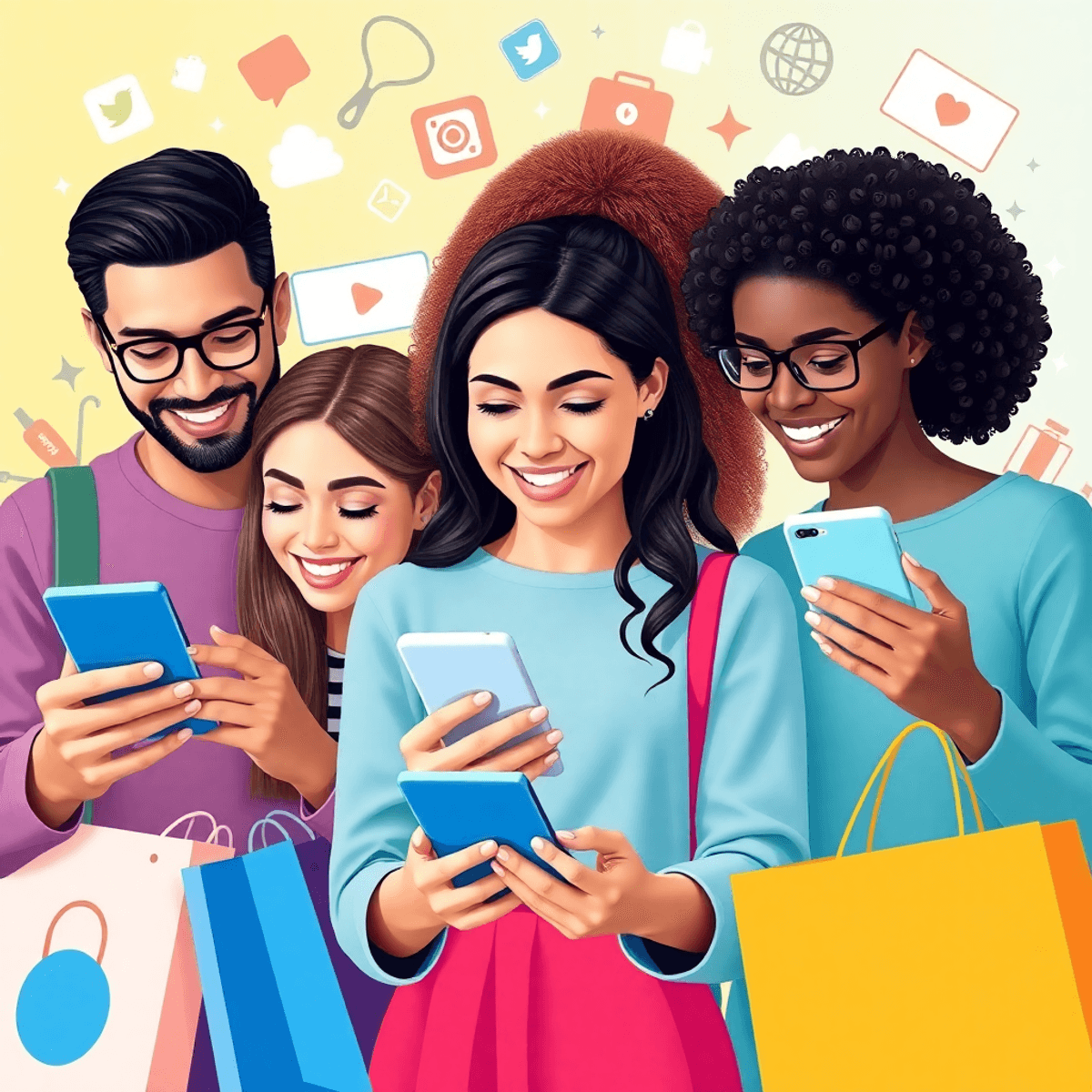 A lively scene of social media influencers interacting with followers on digital devices, surrounded by shopping bags, social media icons, and product displays.