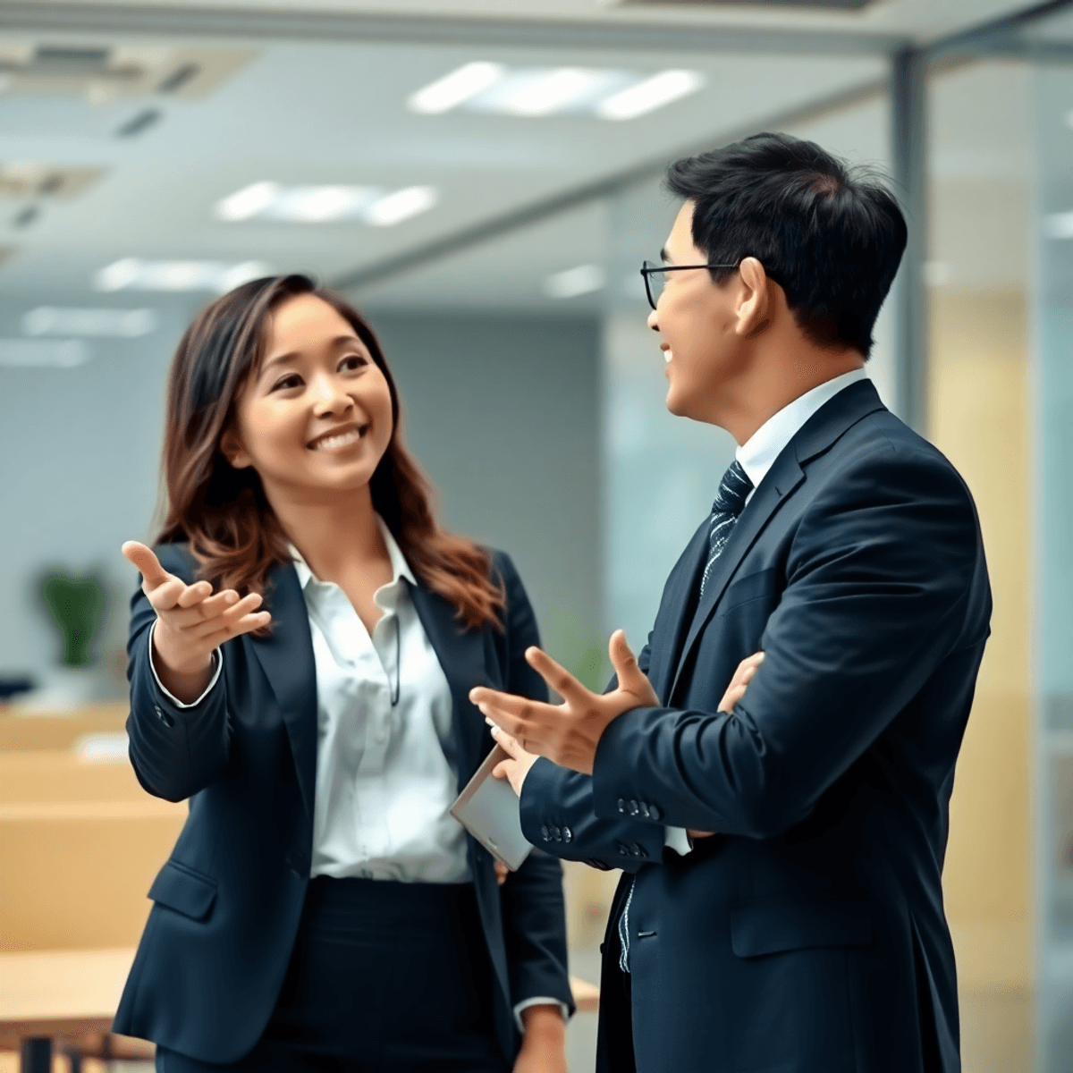 自信に満ちたビジネスプロフェッショナルが、現代的なオフィスでダイナミックな会話を交わし、明確なボディランゲージを通じて効果的なコミュニケーションと注意深いリスニングを示しています。