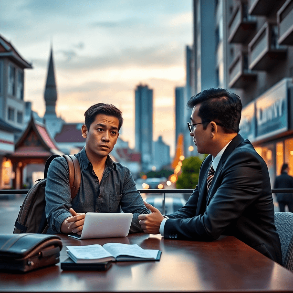 i was scam in bangkok by lawyers, police, condominium mangers and freelancer from Pattaya A traveler and lawyer converse seriously at a table in a Bangkok cityscape at dusk, with traditional architecture in the background.