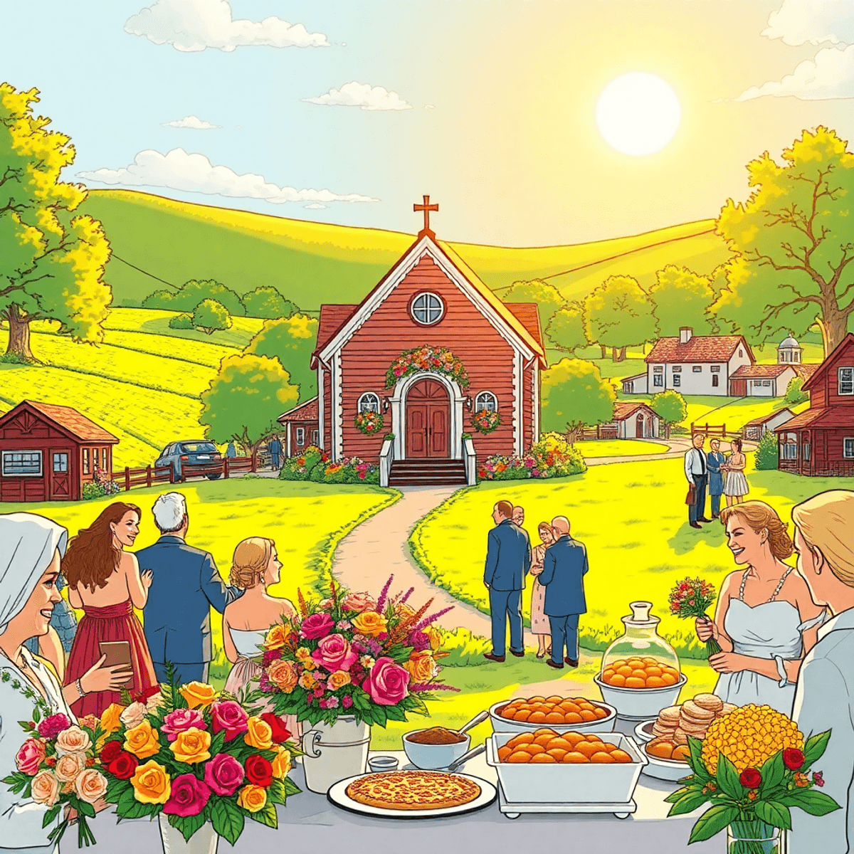The sun rose over Willow Creek, bathing the green fields around the town in gold. It was a day for joy as everyone got ready for the biggest wedding in years. Invitations had gone out weeks before, and excitement filled the air. At the heart of it all were Sarah and Michael, a young couple in love against the beautiful backdrop of Willow Creek. A charming small-town wedding scene with an old church decorated with flowers and lights, vibrant bouquets, delicious food, and joyful guests in a sunlit setting.