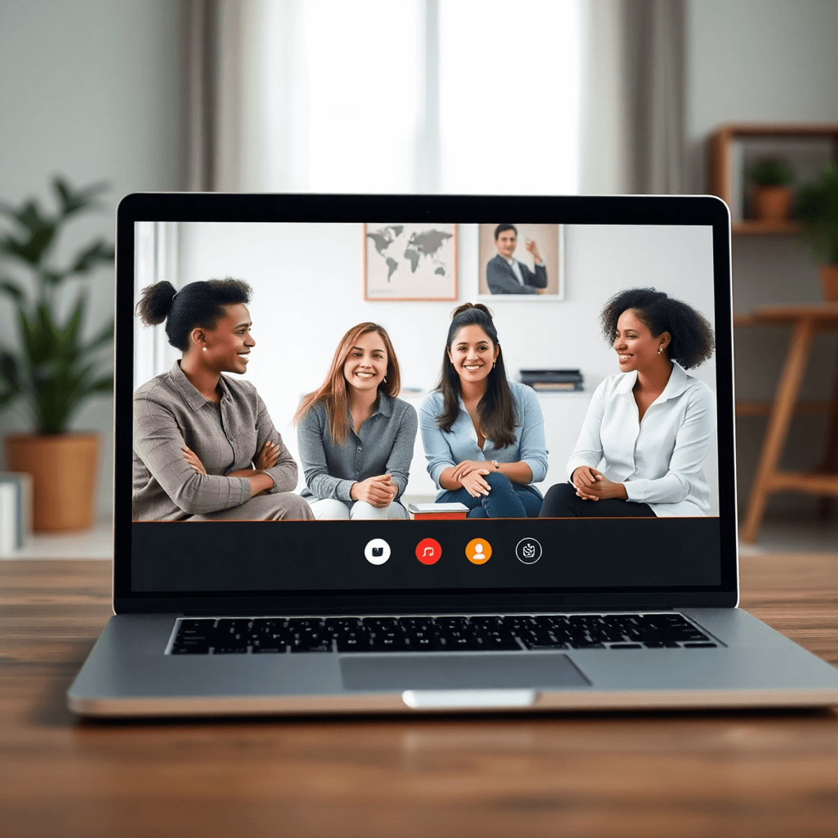 バーチャルコーチ:成功するための10のヒント デスク上のノートパソコンが、居心地の良いホームオフィスでプロフェッショナルたちとのビデオ通話を表示しており、ミニマルなデザインでテクノロジーとつながりを強調しています。