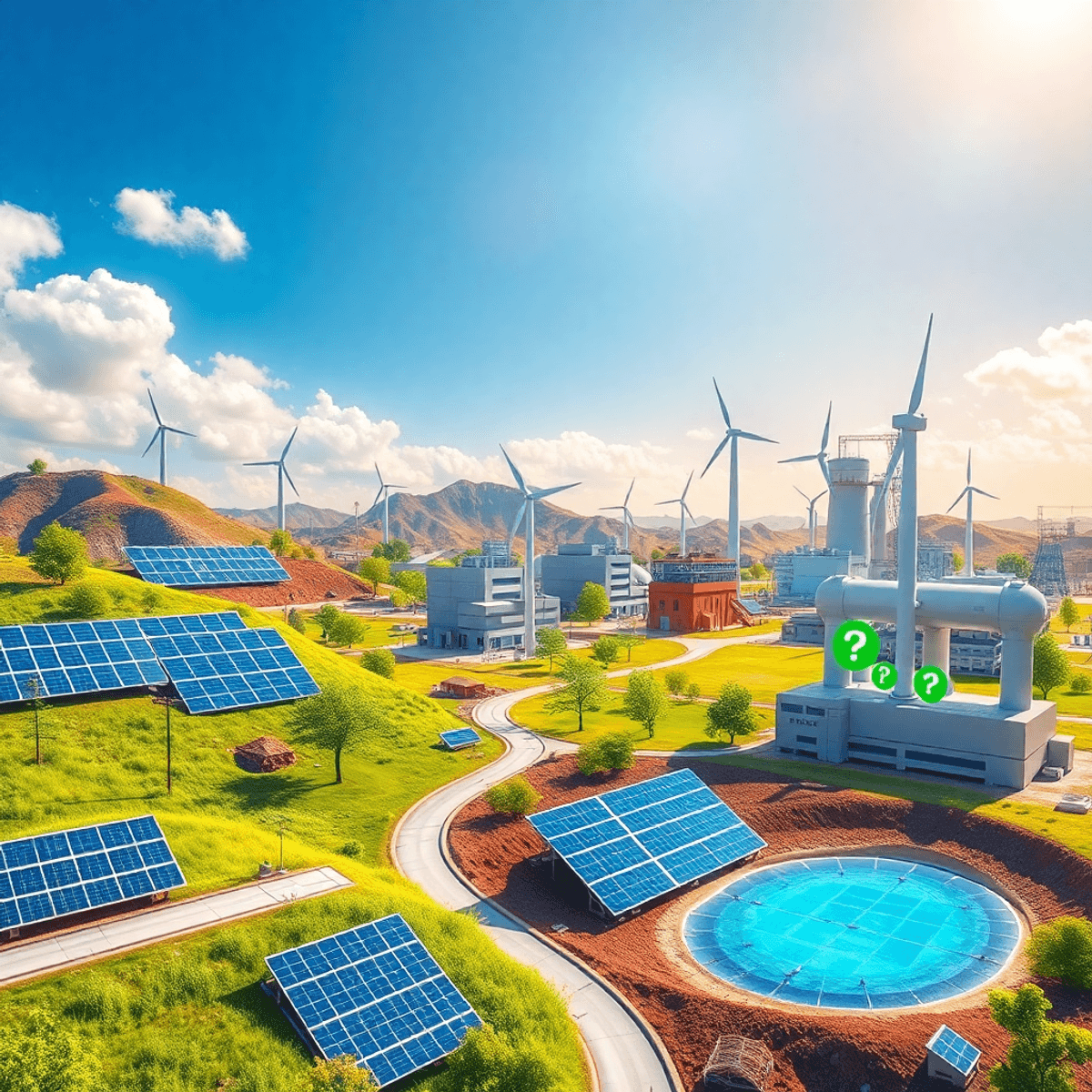 Futuristic landscape with solar panels, wind turbines, geothermal vents, and factories emitting green energy symbols under a bright sky.