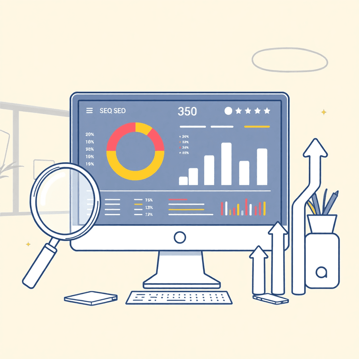 A one-line drawing of an SEO score dashboard on a computer screen, featuring graphs and metrics, with digital elements like magnifying glasses and upward arrows in a modern workspace.