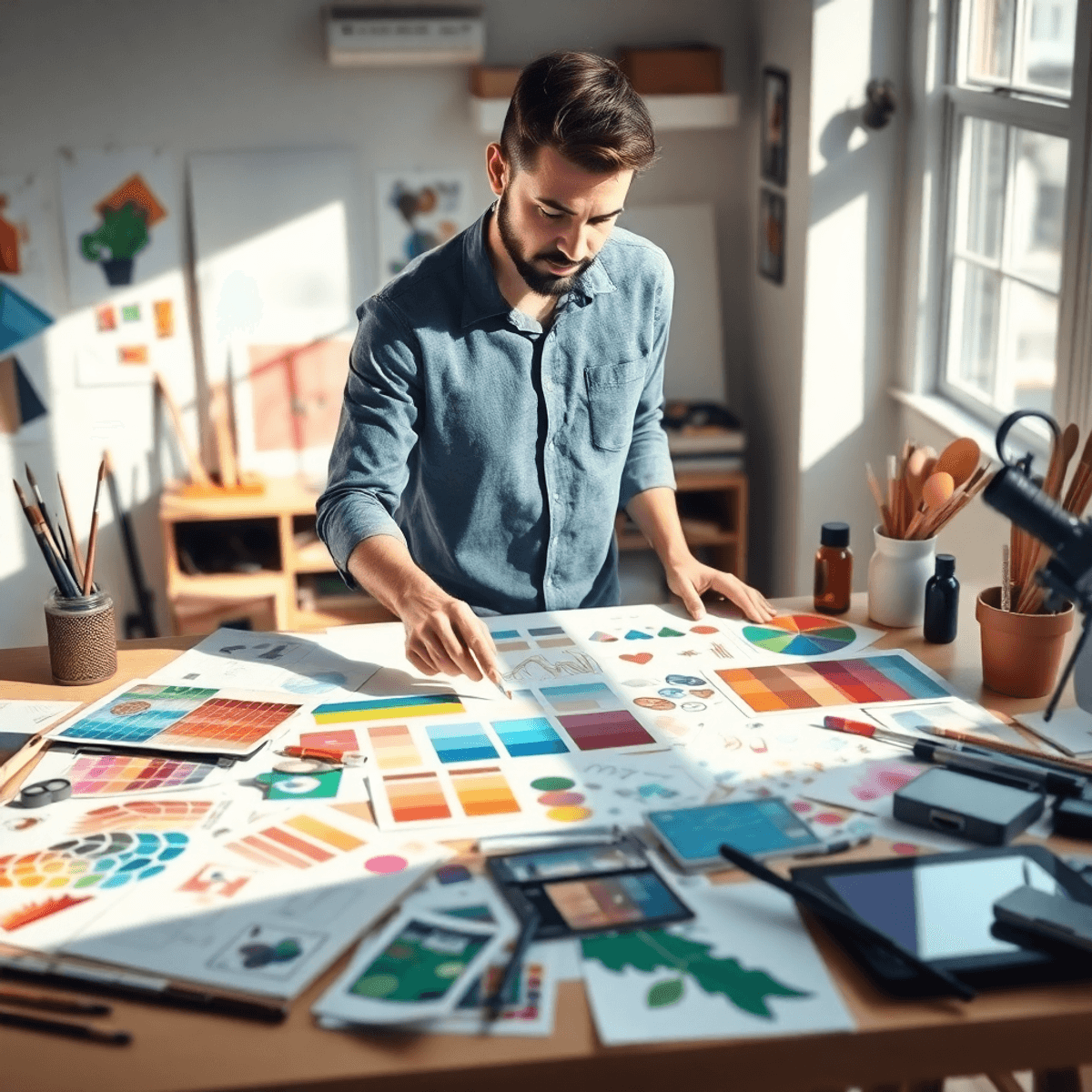 Art director arranging visual elements on a table filled with color swatches, sketches, and mood boards, surrounded by creative tools in natural light.