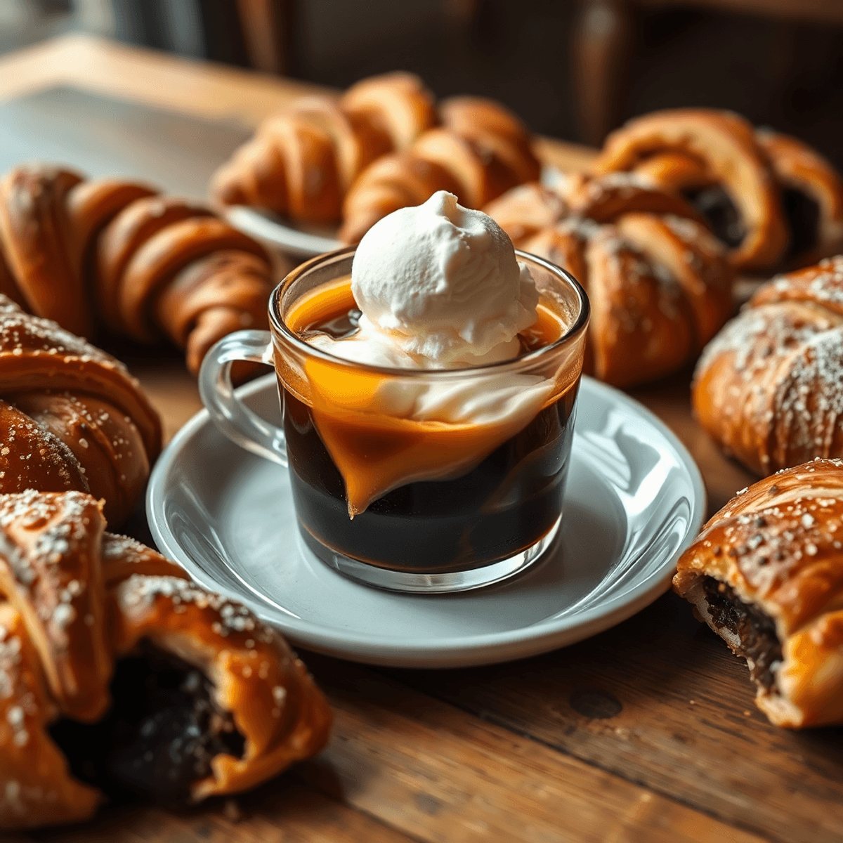 Can AI influencer promote the affogato on the white sand beach club ? Close-up of affogato with melting vanilla ice cream and espresso, surrounded by golden pastries on a rustic wooden table in warm natural light.