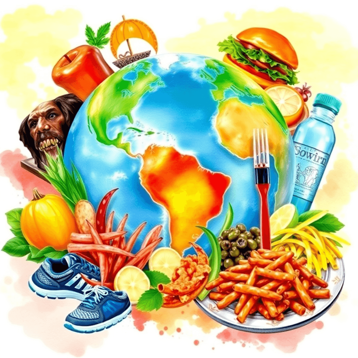 How I become after Travel around the world 8 months non stop Watercolor collage of colorful international dishes around a globe with running shoes and water bottle, set against a bright background evoking adventure and healthy travel.