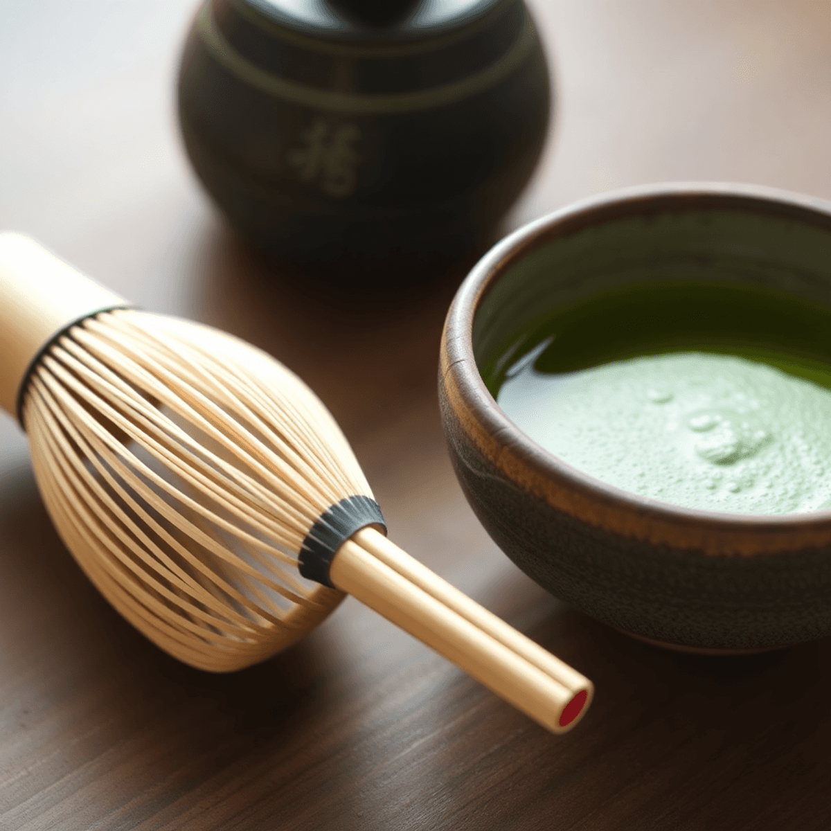 Close-up of a bamboo matcha whisk and ceramic tea bowl with frothy green matcha on a wooden surface, lit by soft natural light.