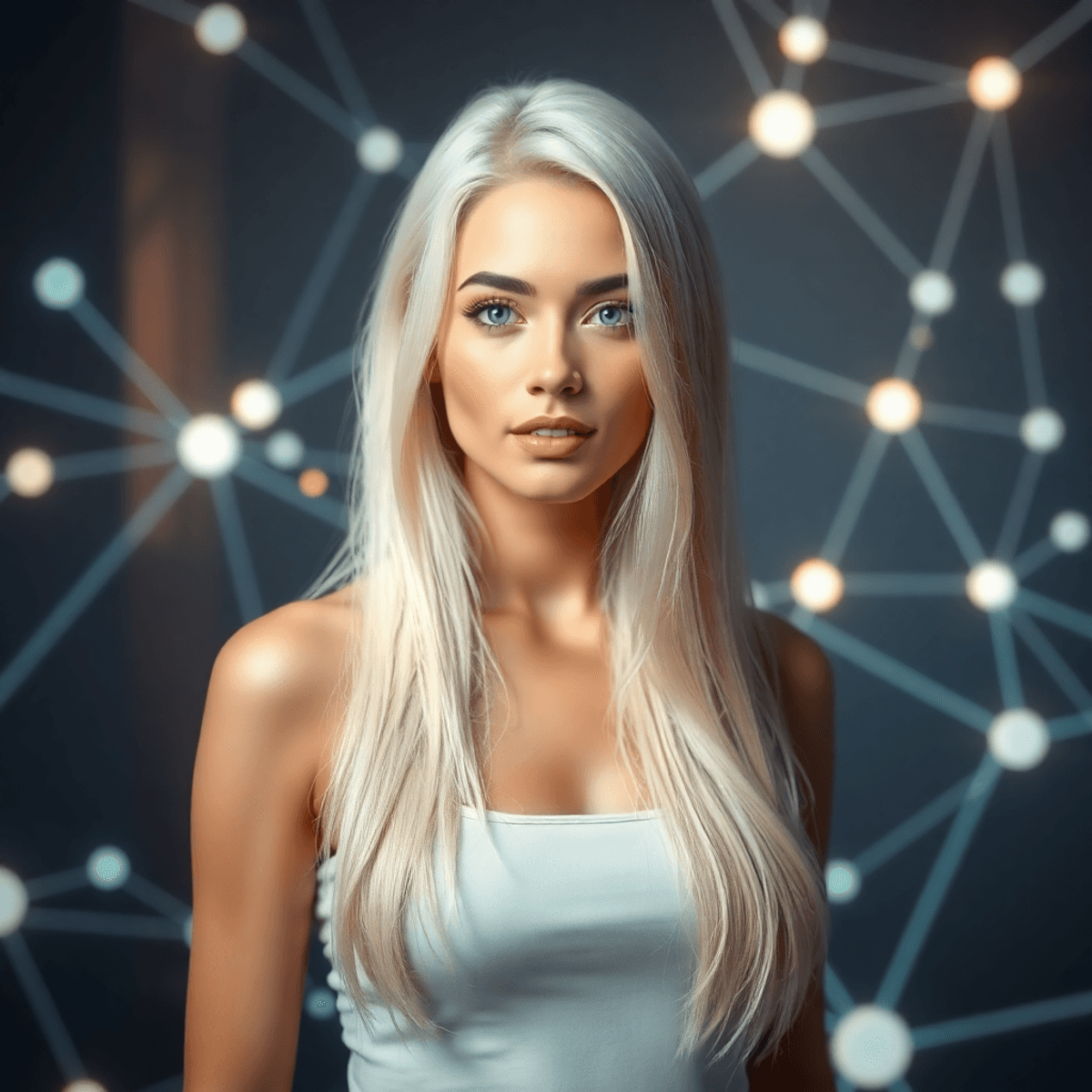 AI influencer on autopilot Hyper-realistic digital portrait of a confident blonde female influencer with glowing hair, set against a sleek abstract background of glowing nodes and interconnected lines.