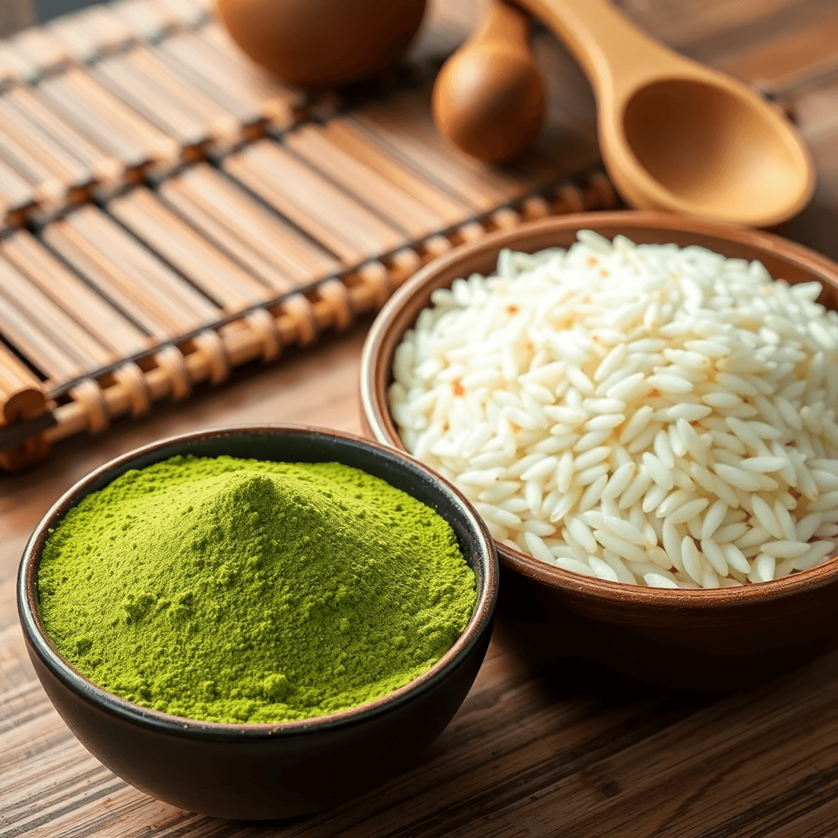 green matcha power image Close-up of green matcha powder and white and brown rice grains in bowls, with bamboo mats and wooden utensils softly lit in the background.