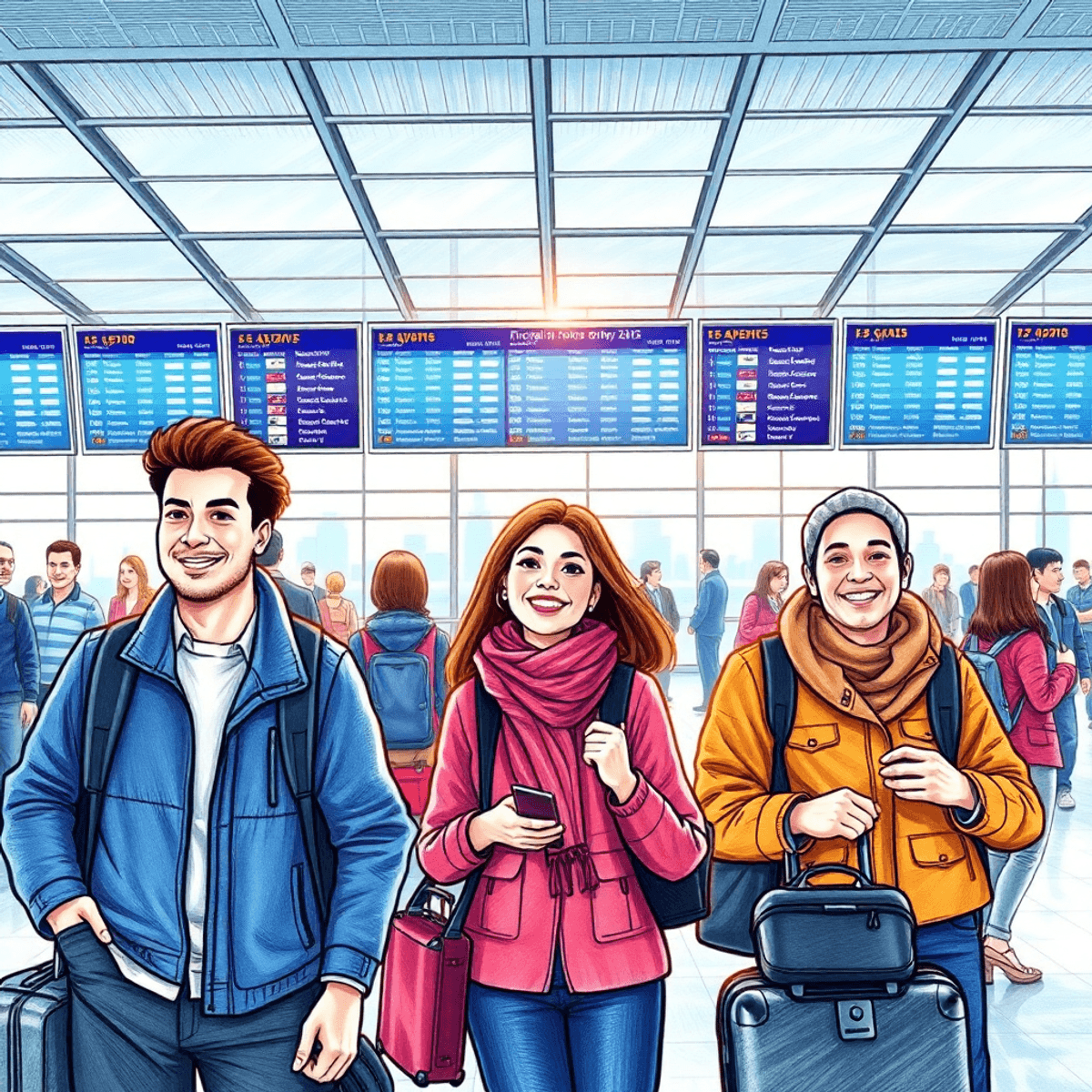 Travel Cost Trends 2025, Inflation Impact on Tourism, Budget Travel Hacks, Rising Airfare Prices, Currency Fluctuations Travel, Cost of Living for Travelers, Affordable Destinations 2025, Inflation and Travel Planning Pencil drawing of a lively airport terminal with happy travelers and digital flight boards showing international destinations.