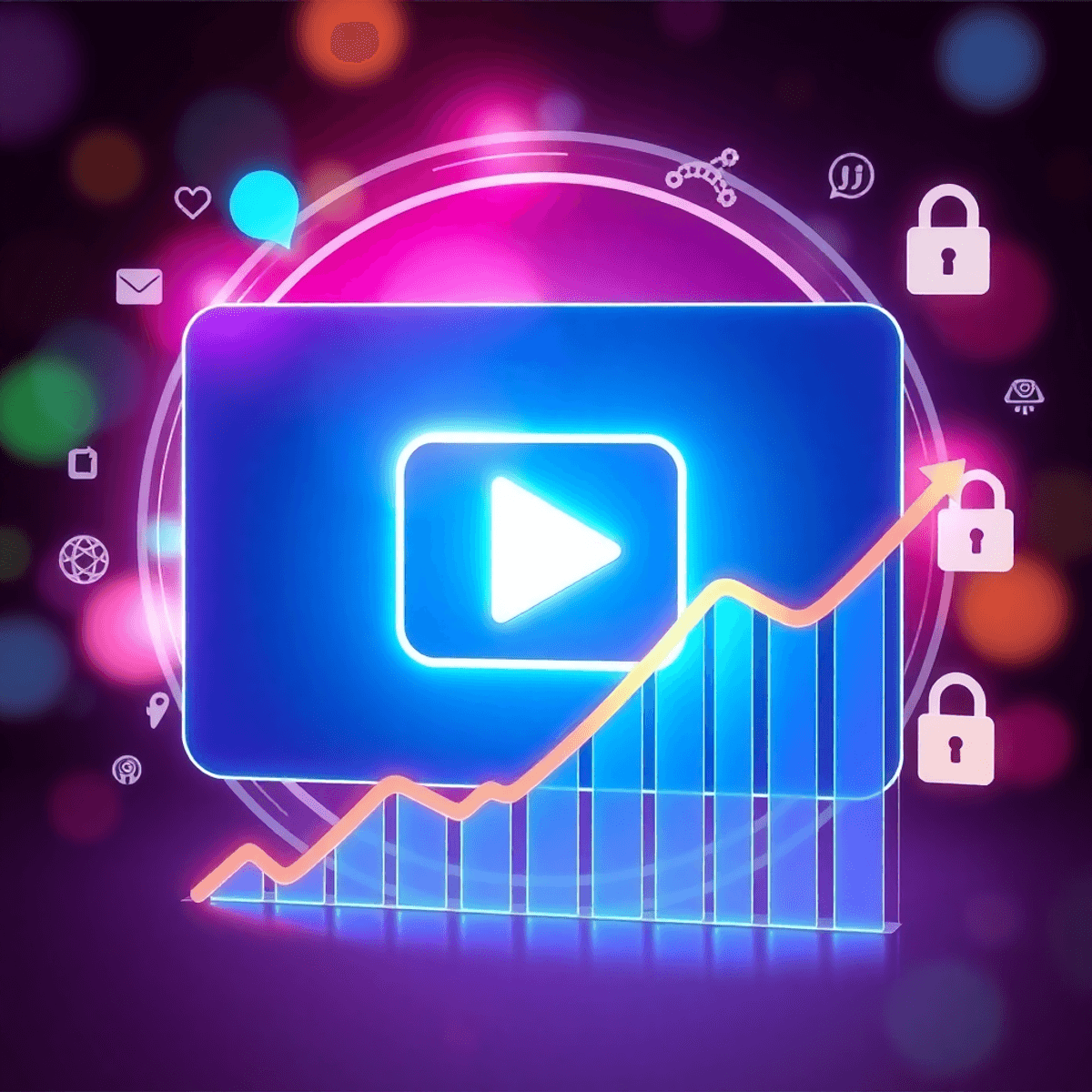 A colorful graphic featuring a digital video play button overlaid on a rising graph, with social media icons and symbols of tech products like smart locks.