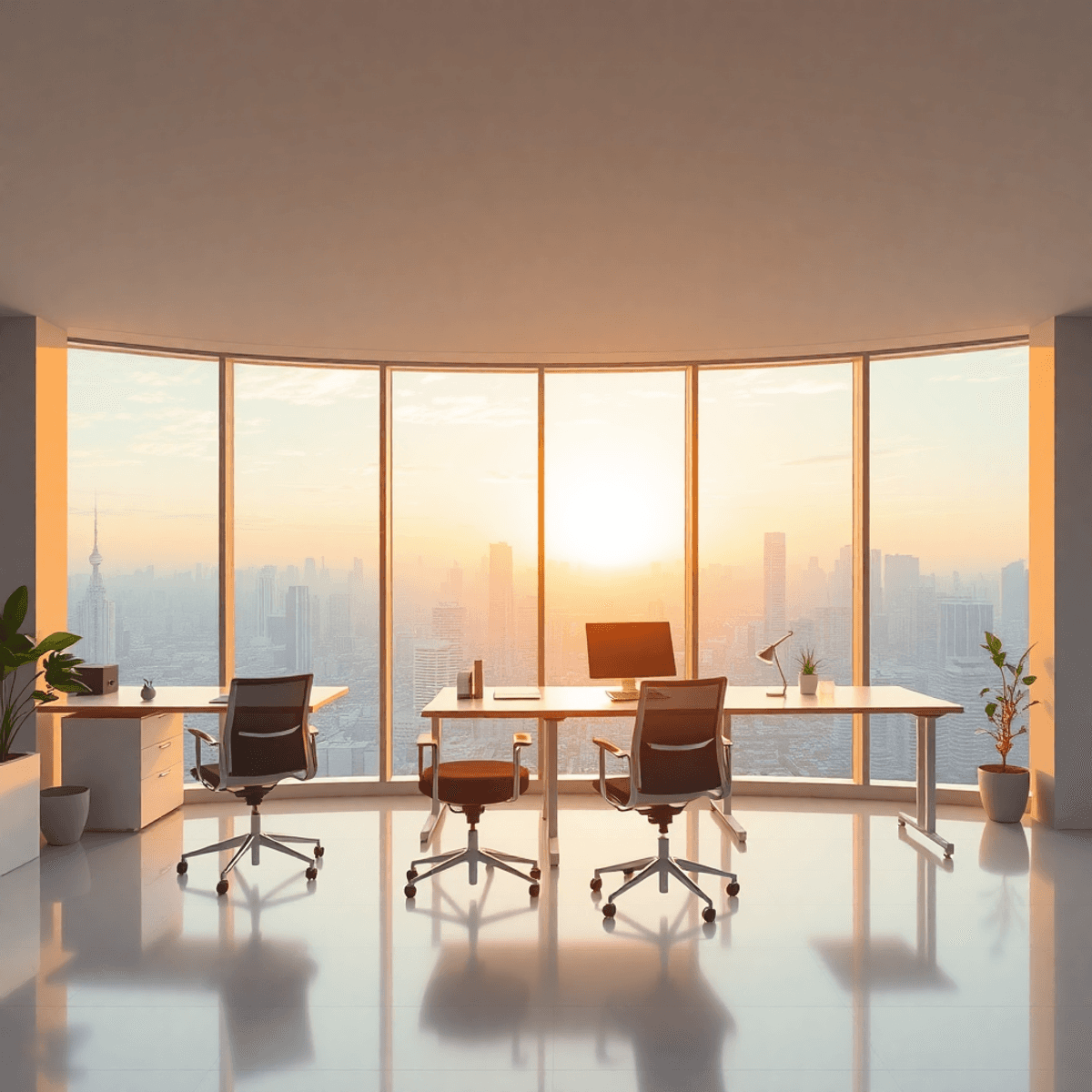 Bright modern office with floor-to-ceiling windows overlooking Bangkok skyline at sunrise, featuring natural light, greenery, and minimalist ergonomic furniture.