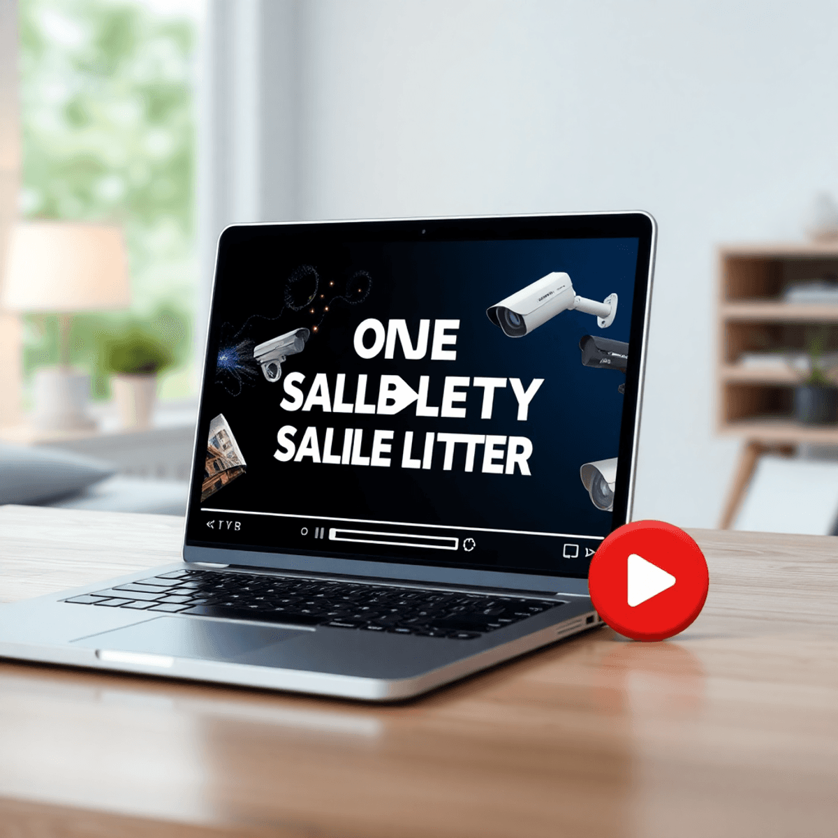 Introduction to Video Sales Letters Process A laptop screen shows a vibrant video sales letter for home security solutions, featuring dynamic graphics, play buttons, and engaging icons in a bright background.