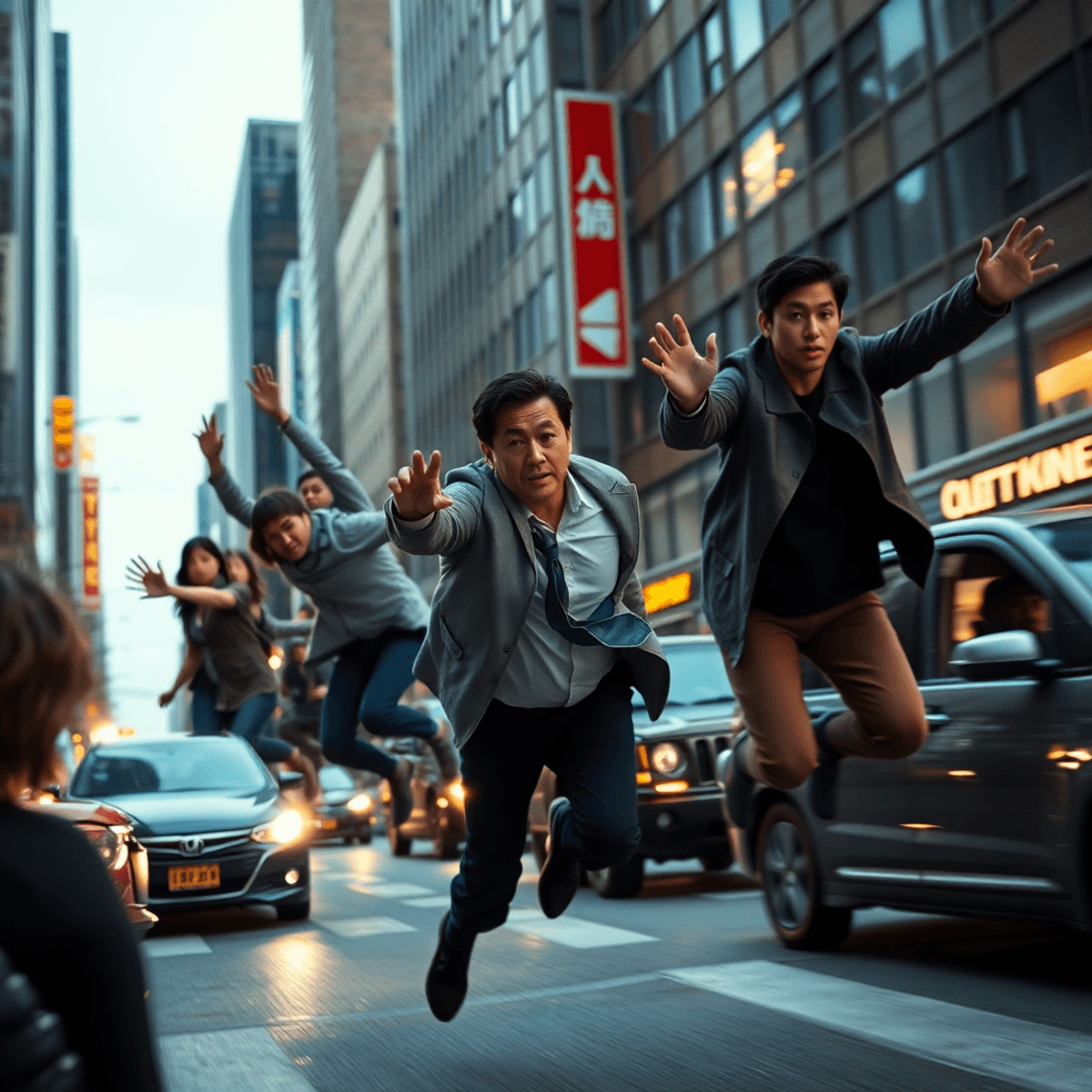 Busy city intersection with people and vehicles frozen mid-action, cinematic lighting highlighting tension and energy, surrounded by subtle blur suggesting slow motion.