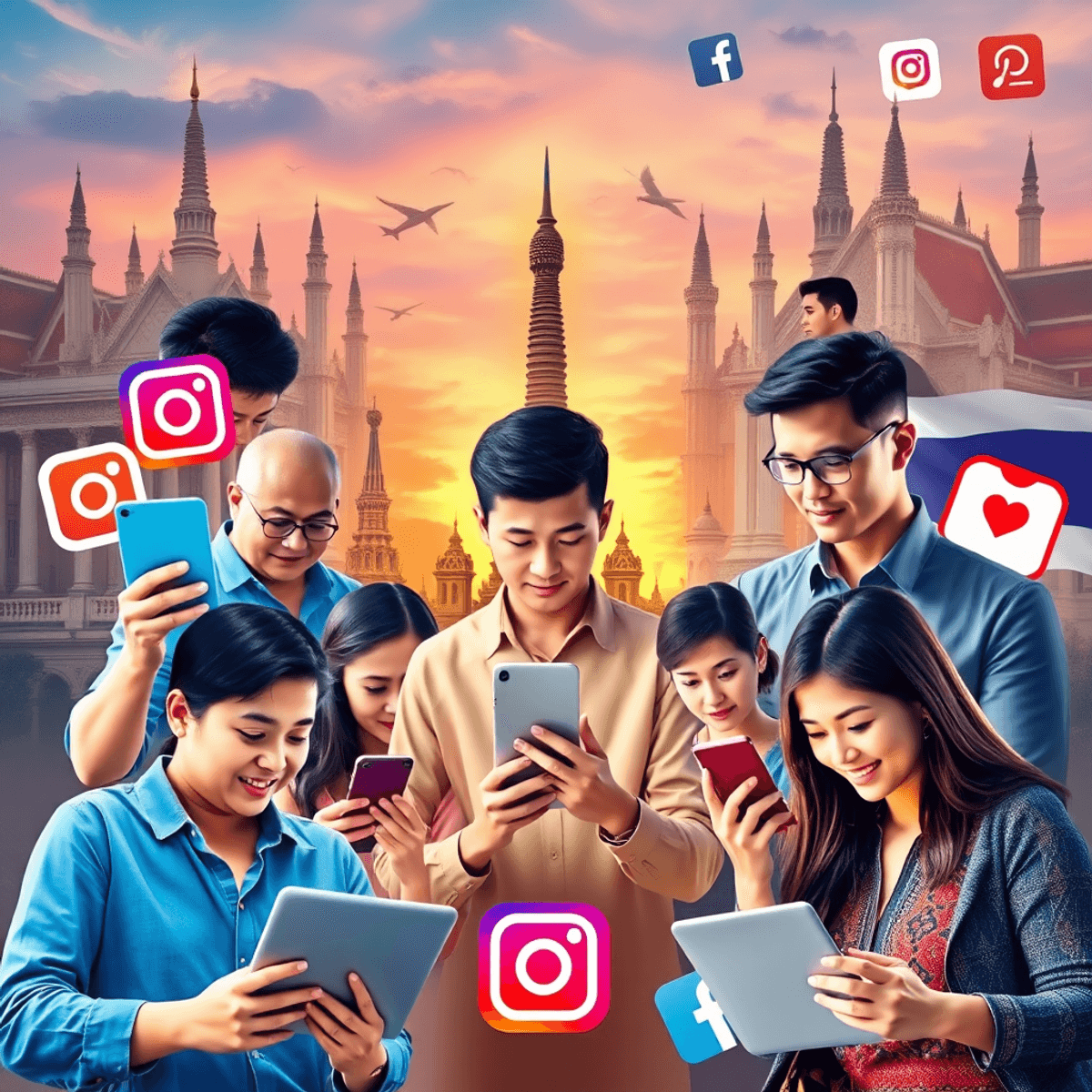 Digital collage of social media influencers using devices with Thai landmarks and social media logos in the background, symbolizing influencer impact.