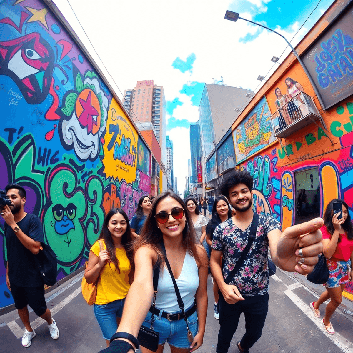 Young influencers in São Paulo capturing vibrant urban art with Insta360 cameras against a lively cityscape showcasing culture and technology.