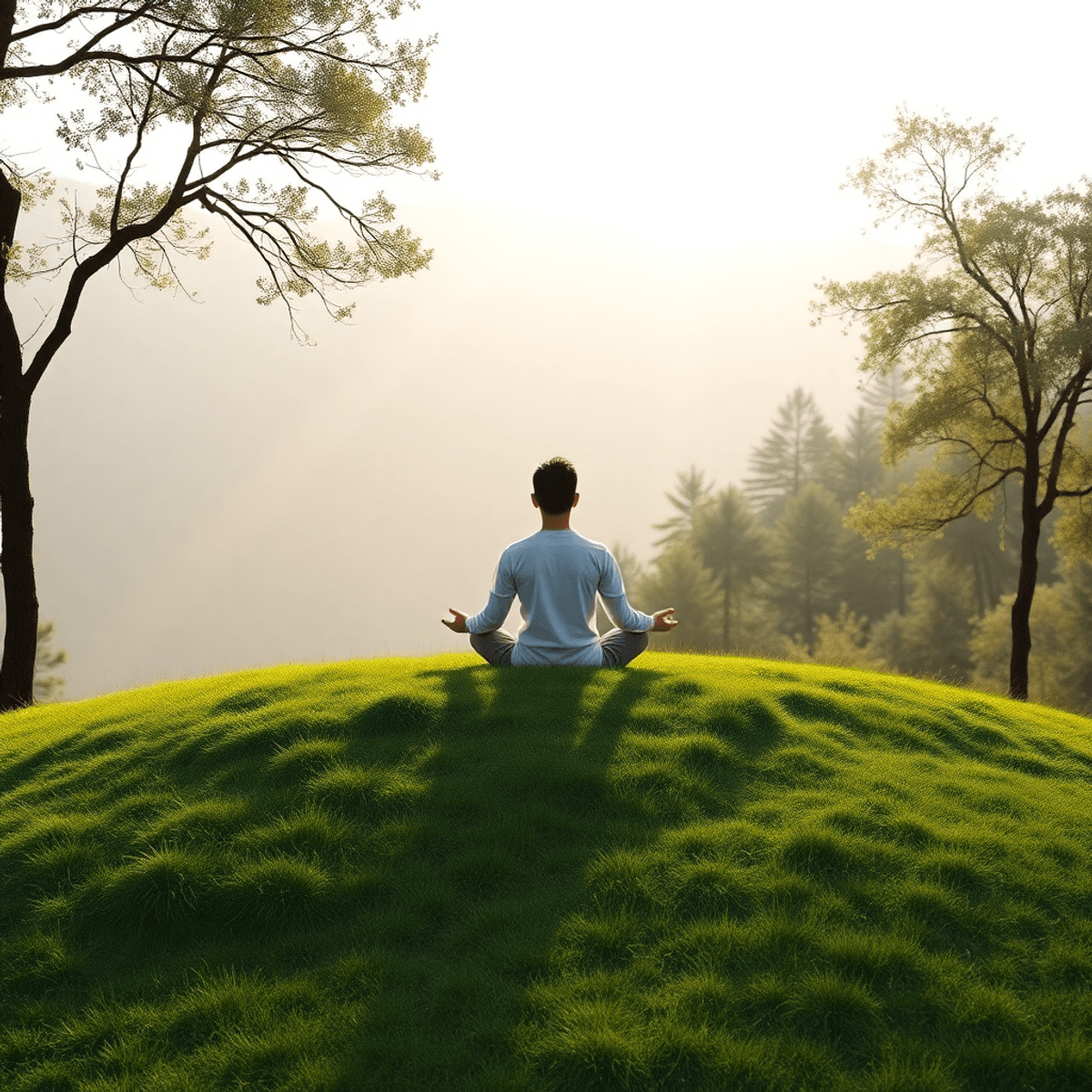 A person sitting cross-legged on a grassy hilltop, surrounded by trees and soft sunlight, creating a tranquil atmosphere ideal for mindfulness and relaxation.