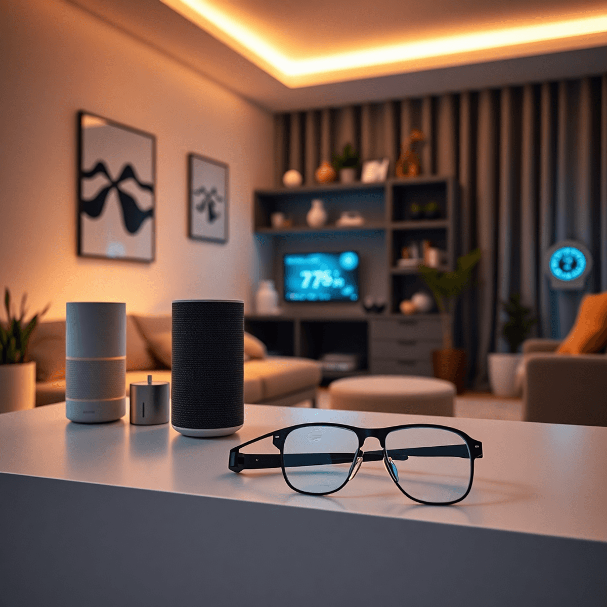 AI Glasses vs. Smart Homes: The Hidden Battle Over Your Data Cozy modern home interior featuring smart devices, glowing softly, with futuristic AI glasses on a clean surface and warm ambient lighting.