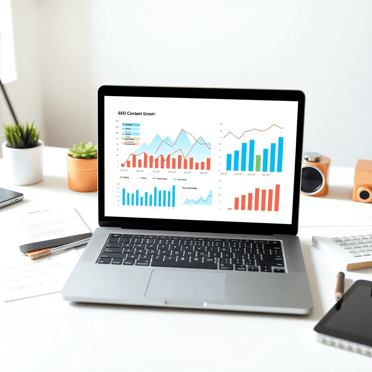 SEO expert on holiday Modern workspace with laptop showing abstract graphs, surrounded by notes and digital devices in a bright, clean setting symbolizing data analysis and digital marketing.