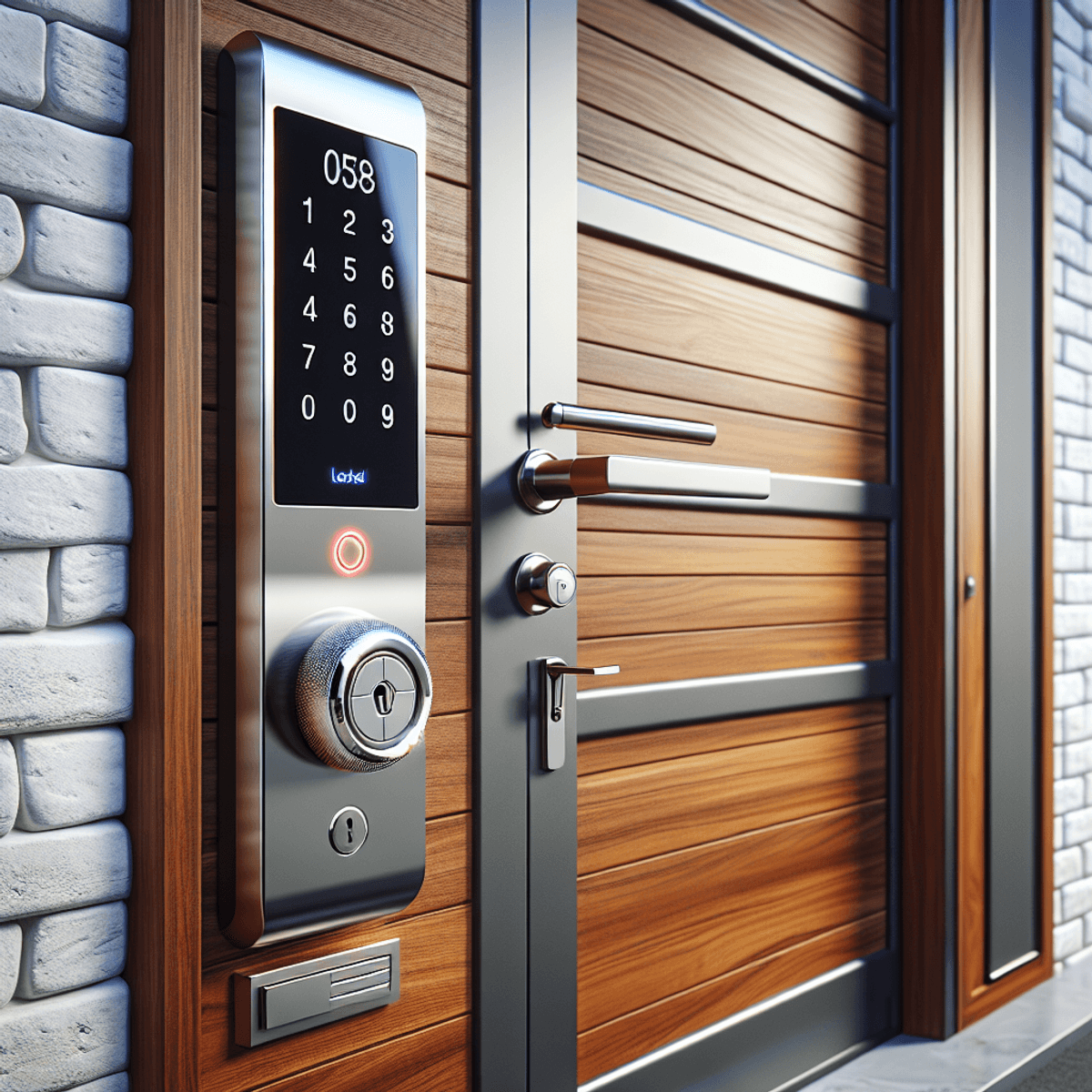 A digital art style image of a modern keyless digital door lock with a smartphone and biometric fingerprint, symbolizing the convenience and security of digital door locks.