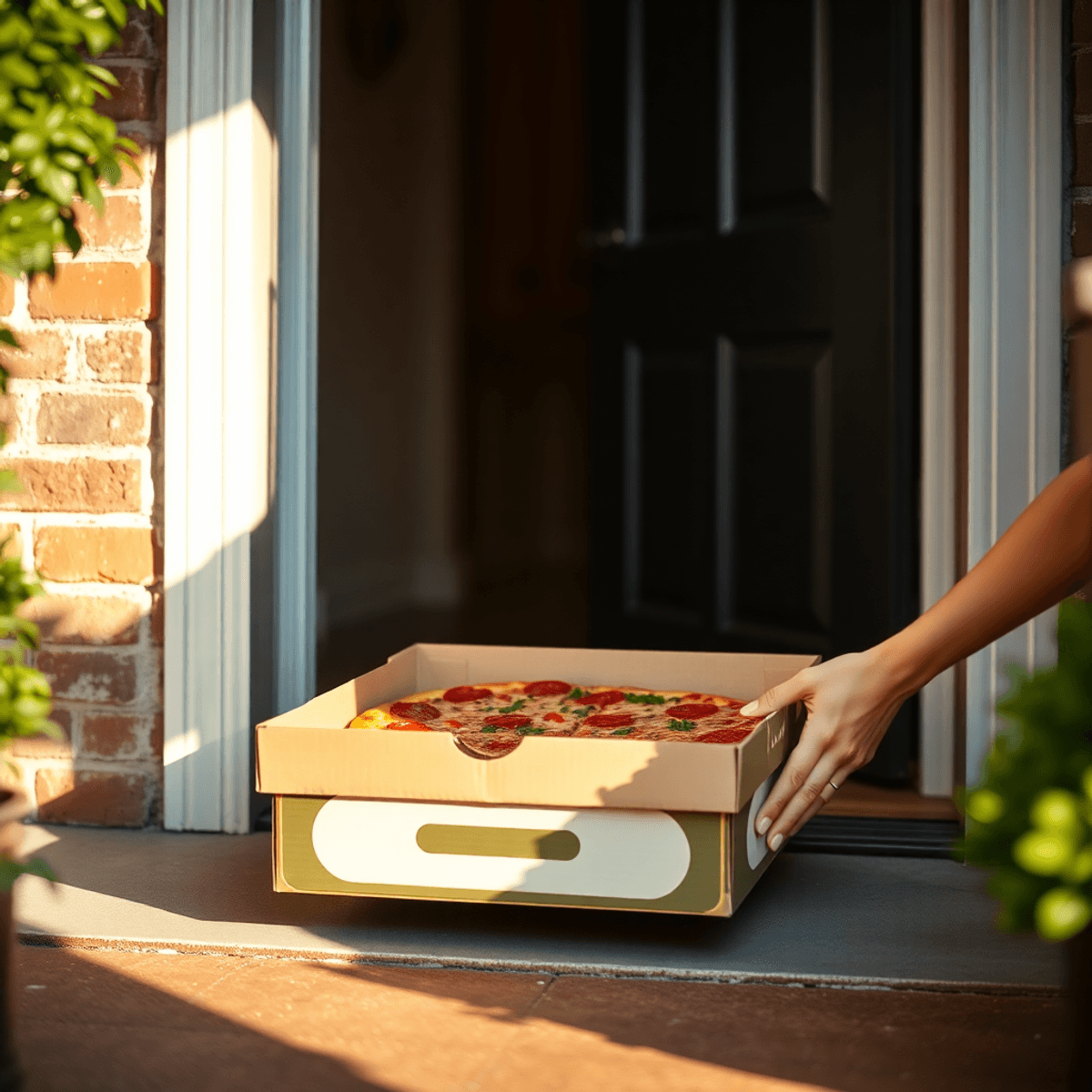 A pizza box is gently placed on a doorstep by a pair of hands, highlighting no contact delivery. Soft sunlight adds warmth to the inviting scene.