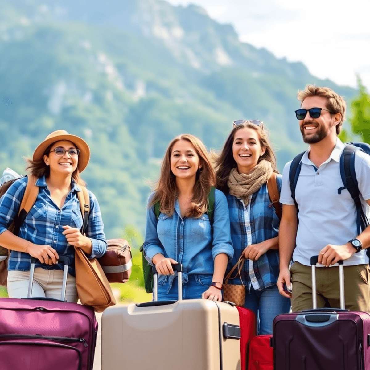 A group of happy travelers with luggage enjoying a scenic outdoor destination, symbolizing joyful and healthy travel together.