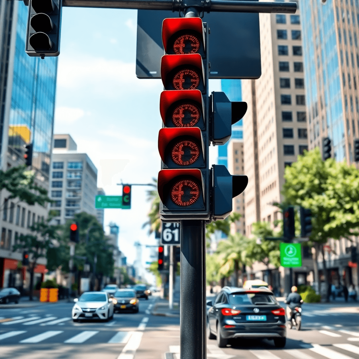A busy city street filled with modern traffic management technology, including smart traffic lights and digital screens, under clear blue skies and green spaces.