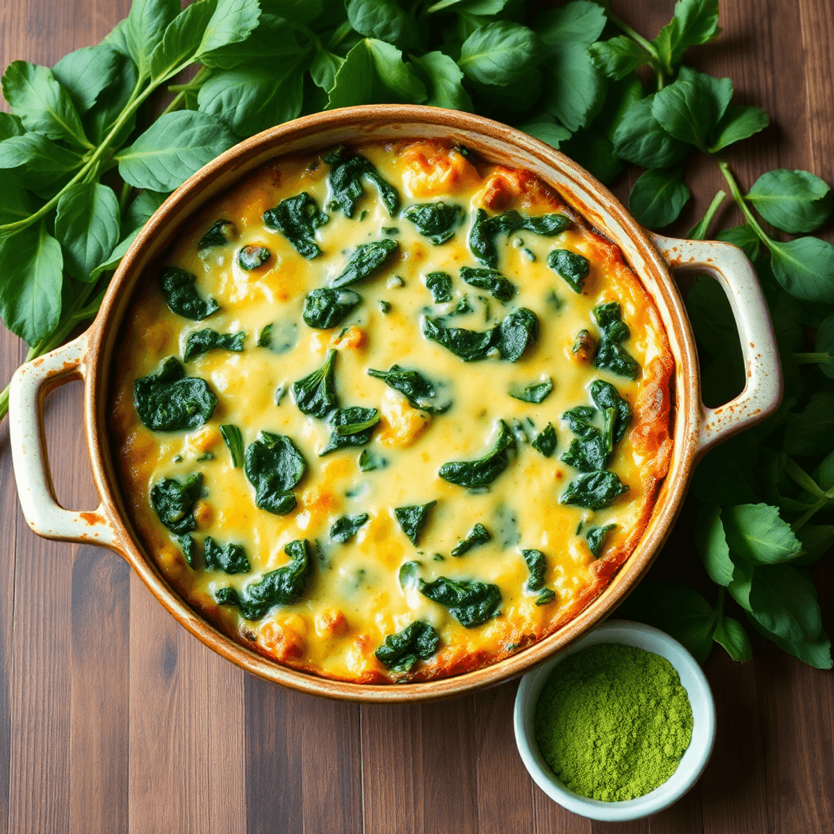 golden green gold Rustic casserole dish with creamy spinach and melted cheese, surrounded by fresh spinach leaves and matcha powder on a wooden table.