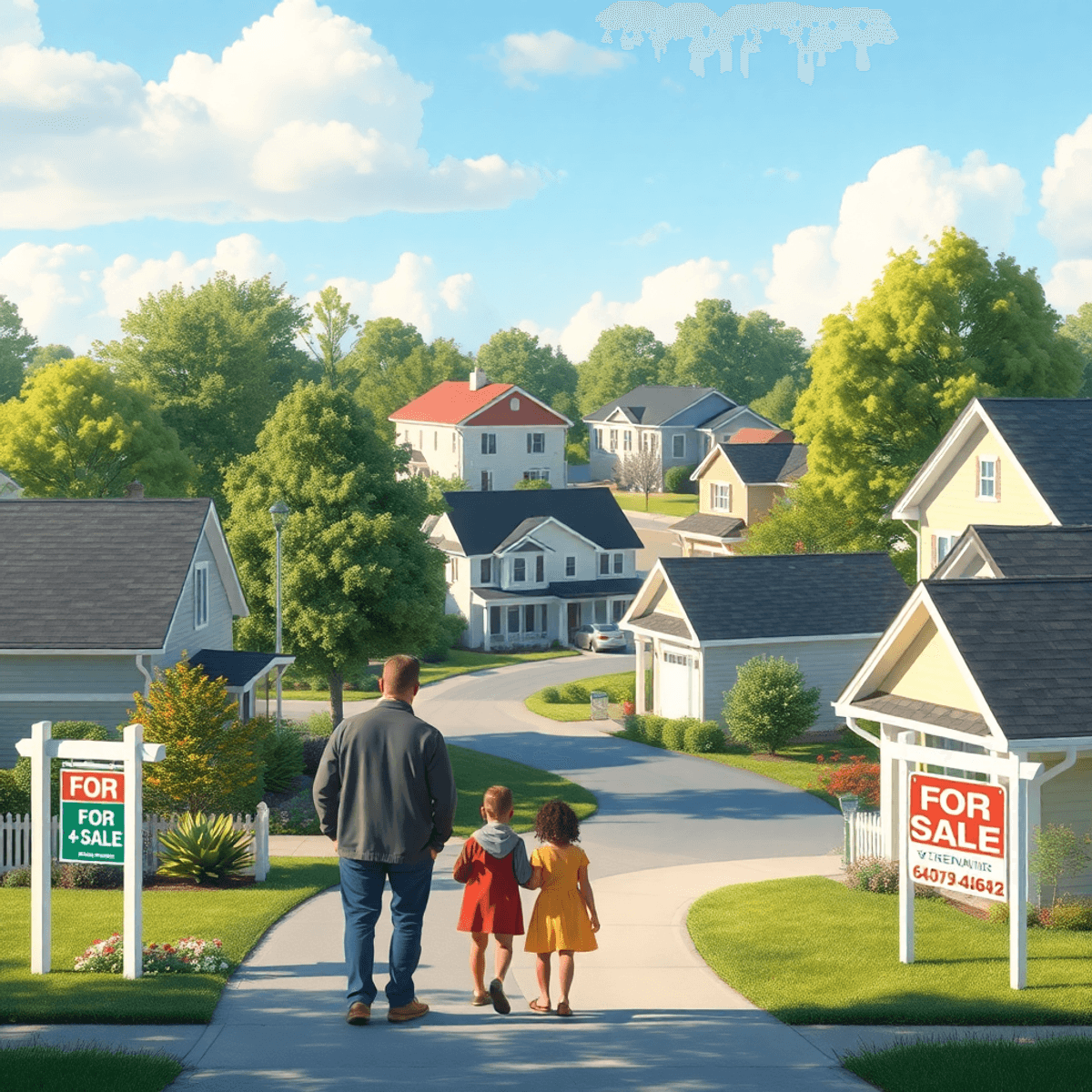 A sunny suburban neighborhood with various houses, a family exploring homes, and 'For Sale' signs in front, symbolizing hope and aspiration for affordable housing.