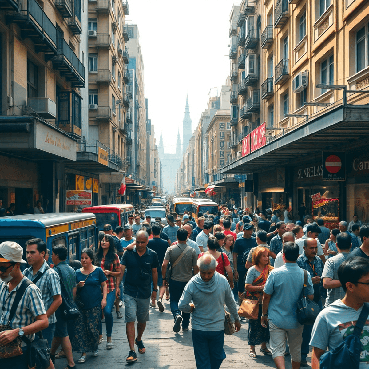 Go to place where is cheap and good Busy urban street with tourists and locals, bustling markets, public transport, iconic landmarks, worn pavements, litter, and warm natural lighting capturing lively city life.