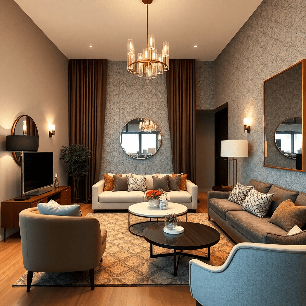 condominium in bangkok Modern condo interior with stylish furniture, elegant lighting, textured wallpaper, and decorative mirrors creating a warm, inviting atmosphere.