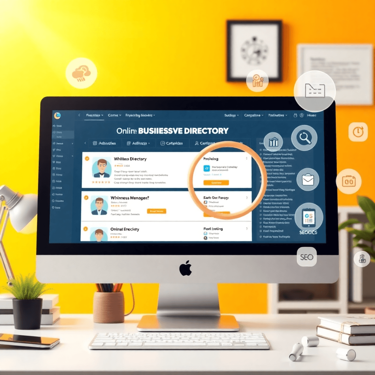 A computer screen shows colorful online business directories with highlighted listings, a magnifying glass, and SEO tool icons in a bright digital workspace.