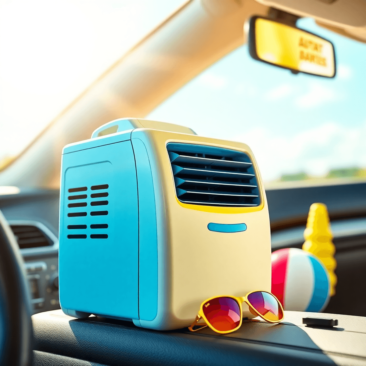 A portable air conditioner on a car dashboard, bathed in sunlight, surrounded by sunglasses and a beach ball, evoking summer joy with vibrant blue and yellow colors.