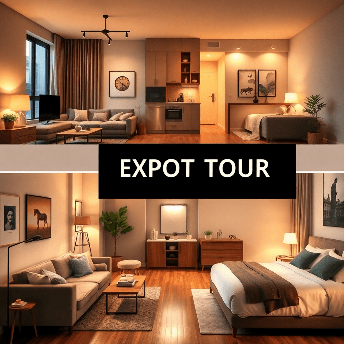 Modern stylish apartment interior showing a cozy living room, kitchen, and bedroom with warm lighting and inviting furniture in a seamless flow.