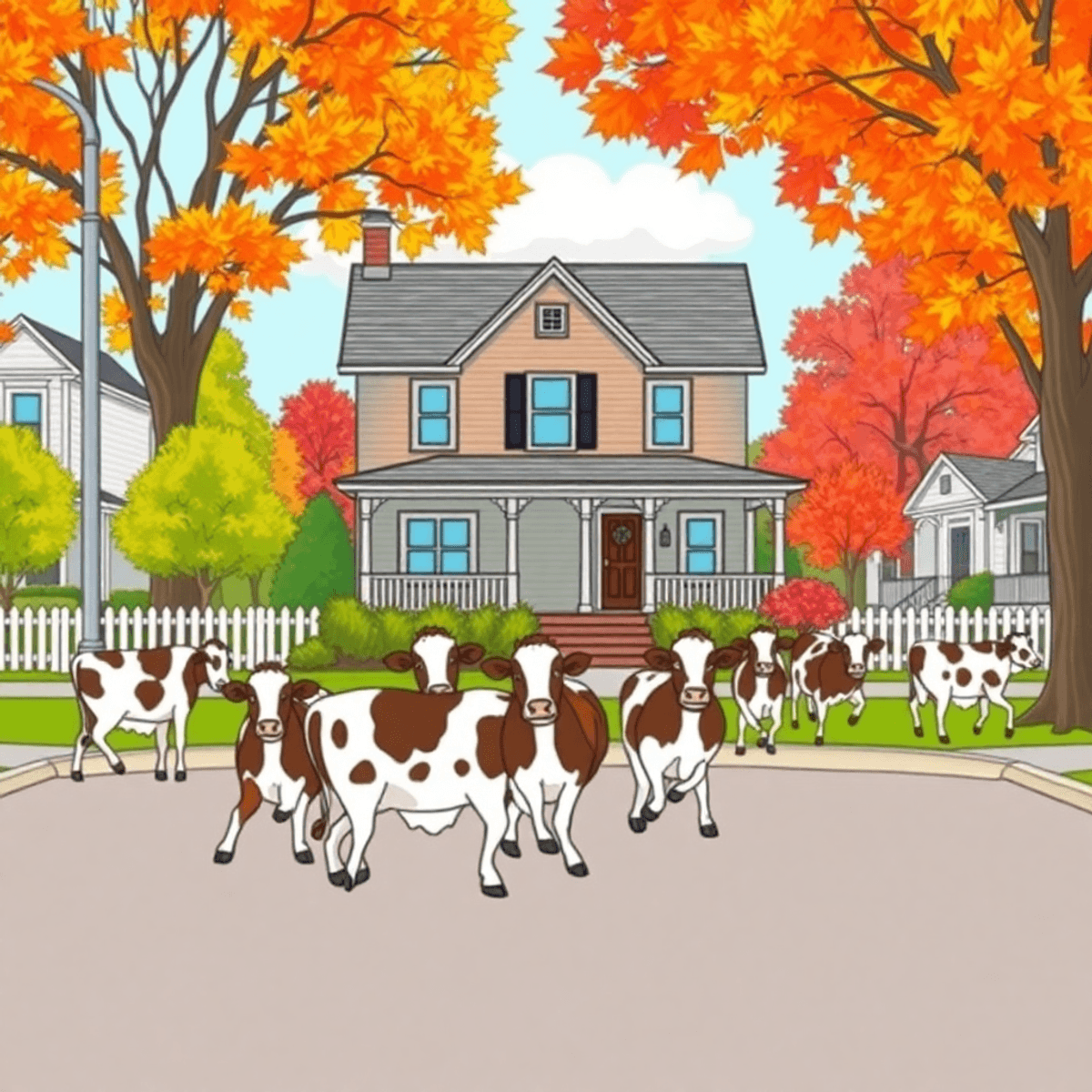A whimsical one-line drawing of a charming house with a wraparound porch, autumn leaves, and playful cows crossing the road in a vibrant suburban street scene.
