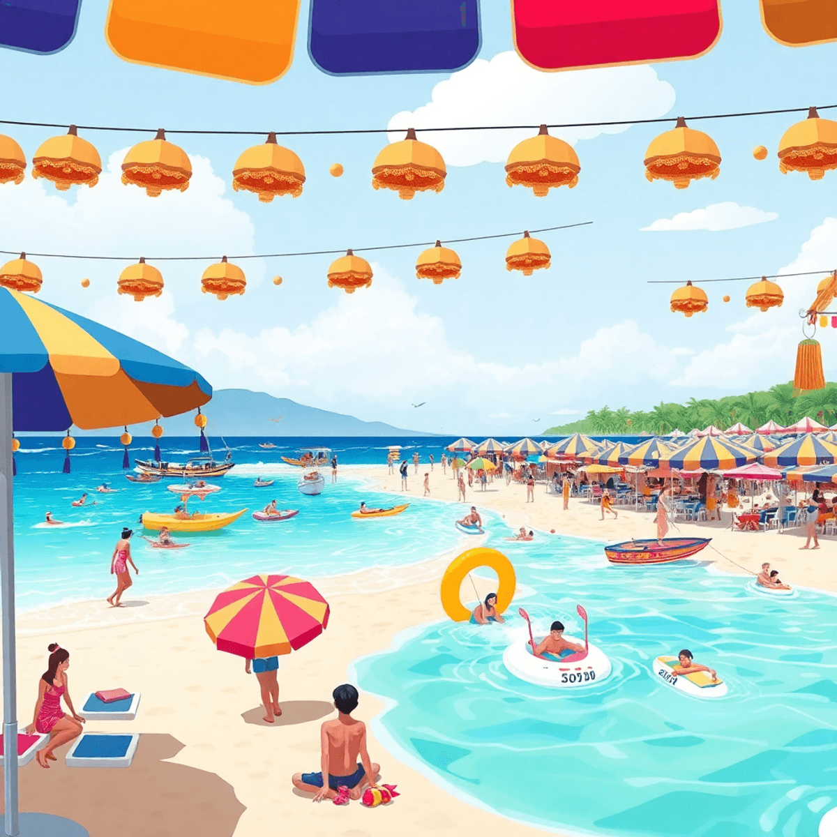 Sebuah adegan pantai kartun yang ceria di Pattaya, menampilkan payung-payung berwarna-warni, air yang jernih, dan orang-orang yang menikmati olahraga air di tengah-tengah dekorasi tradisional dan warung makanan.