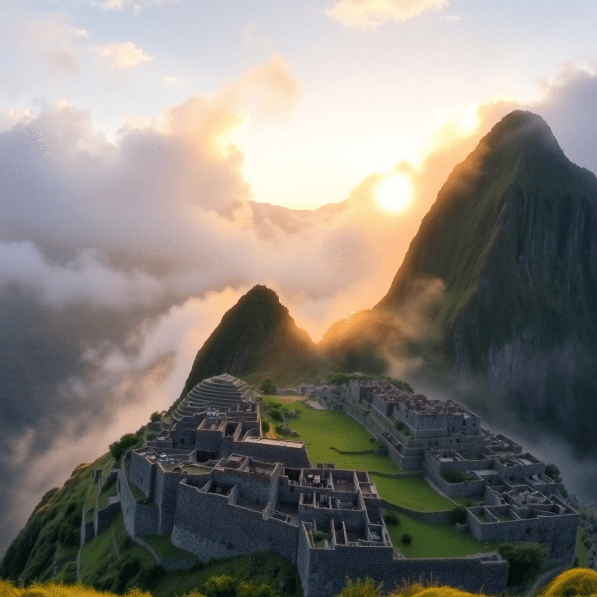 Sunrise over Machu Picchu with golden light on stone terraces and green Andes peaks shrouded in mist, creating a mystical and ancient atmosphere.